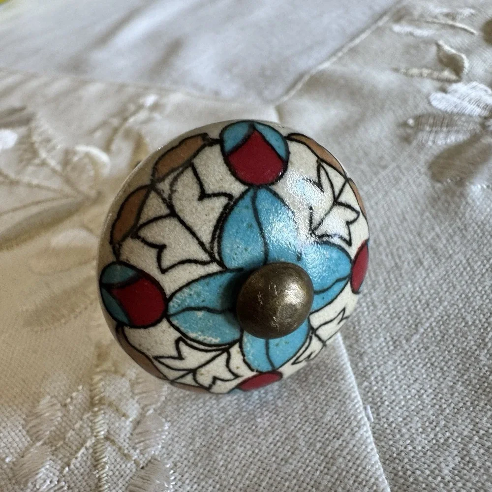Bohemian White Ceramic Knob Pull ~ Blue Flowers Red Accent & Metal Button Center